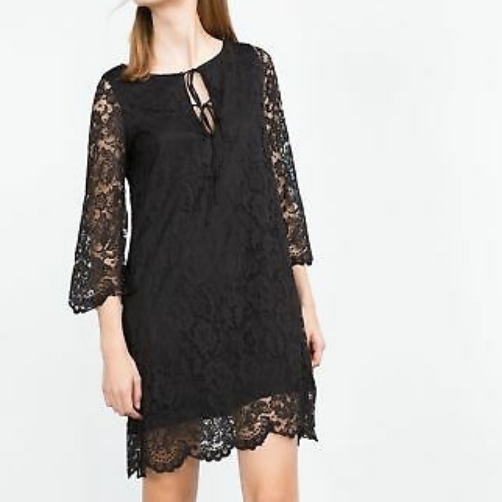 Zara Trafaluc Tie Neckline Lace Short Dress S